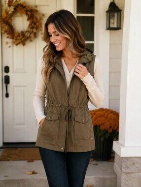 Zenana Outfitters Olive Gorpcore Utility Cargo Hooded Vest Jacket Large EUC